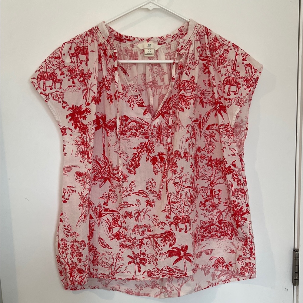 H&M Cream and Red Toile V-Neck Blouse